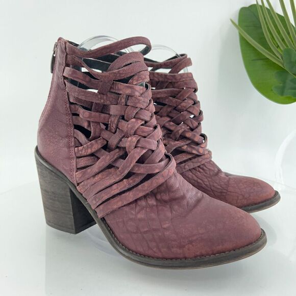 Free People Carrera Boots Women's 38  8 Red Leather Distressed Strappy Bootie - Picture 1 of 15